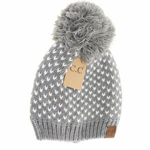 DISCONTINUED C.C Gray White Heart Knit Beanie with Pom Pom RARE Valentine’s Day